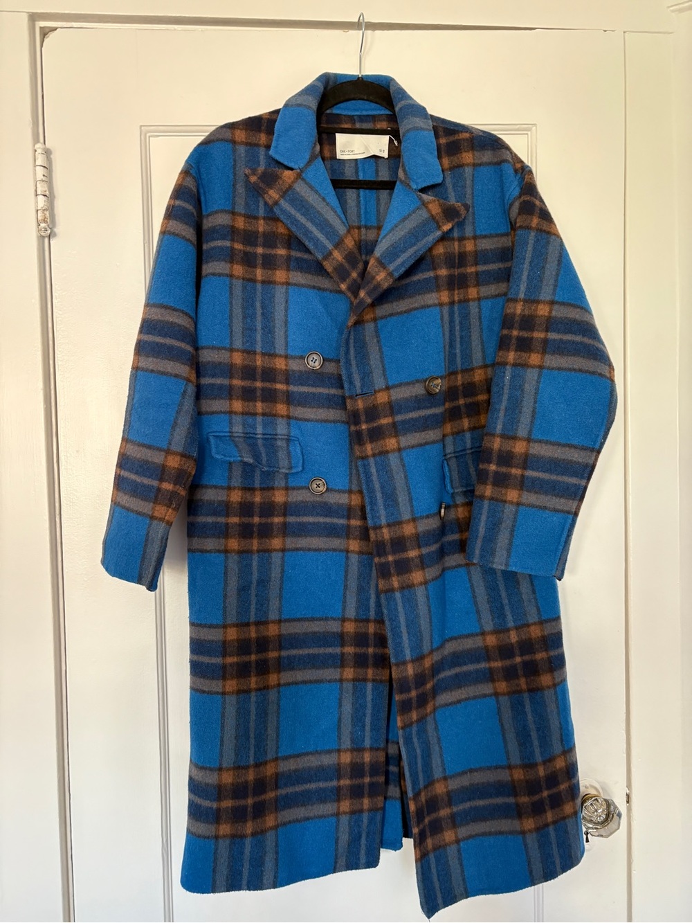 OAK + FORT Bright Blue and Brown Plaid Double-Breasted Pea Coat